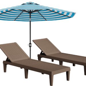 Greesum Outdoor Patio Chaise Chair (Set of 2) with 9FT Umbrellas, 5-Position Waterproof Sun Lounger, for Pool, Garden, Brown and White Blue