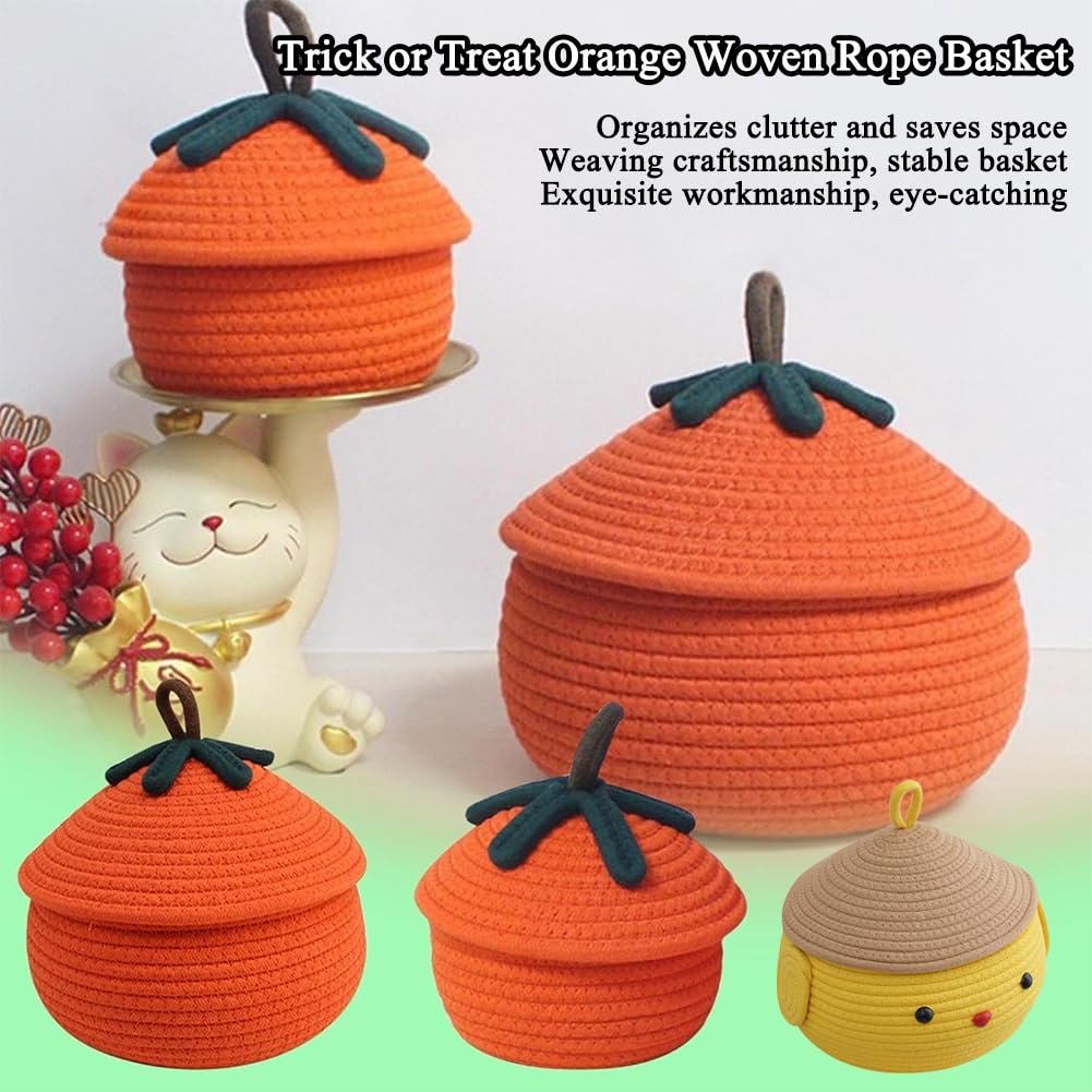 Halloween Pumpkin Basket With Lid, Halloween Pumpkin Candy Bucket, Trick Or Treat Pumpkin Woven Storage Bin, Large Capacity Woven Rope Basket For Store Toys, Candys, Snacks, Home Decor (Orange-L)