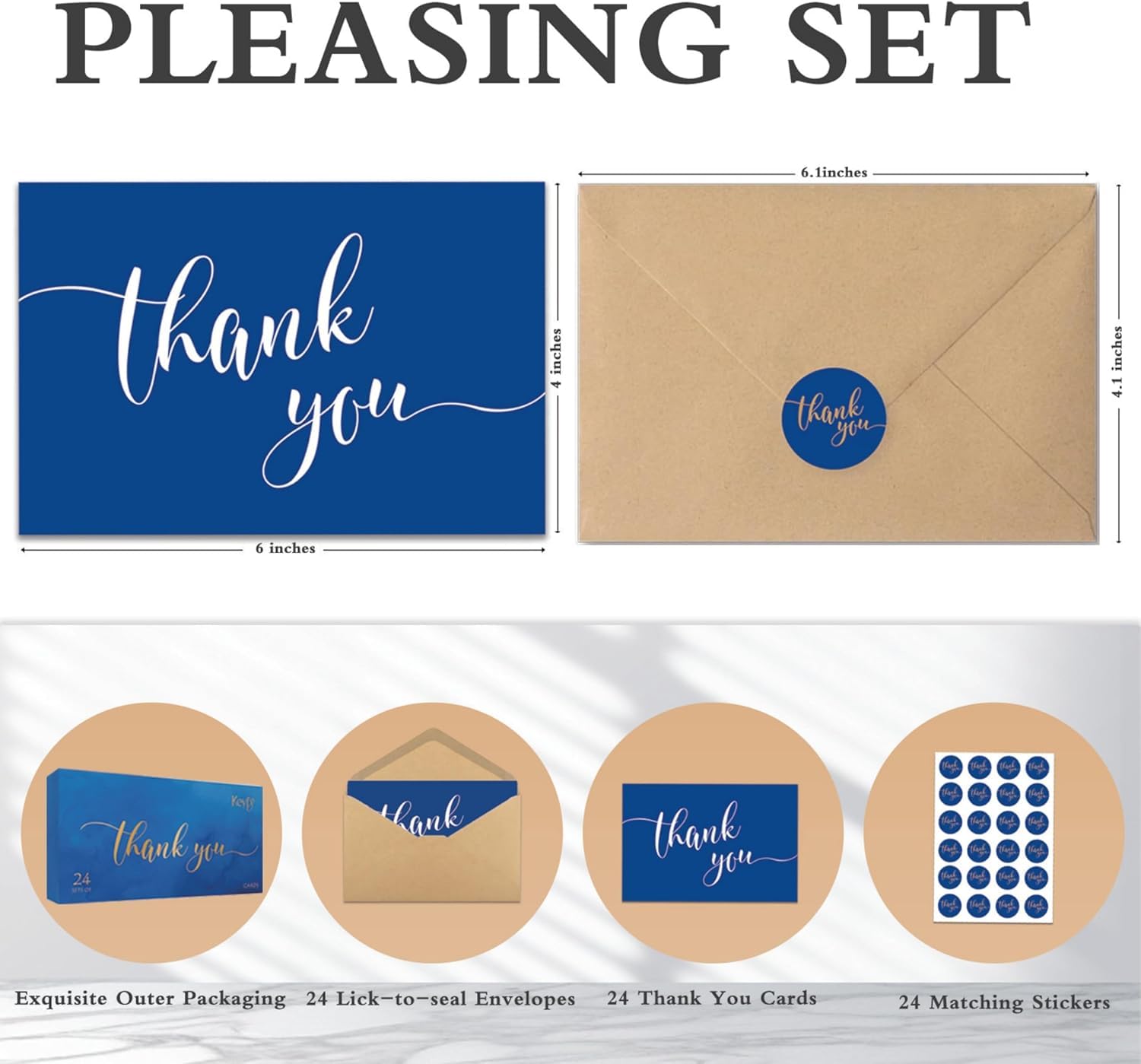 24 Pack Blue Thank You Cards With Envelopes and Stickers Leather Texture 4x6 Inch Blank Thank You Gift Note Cards Bulk for Wedding, Small Business, Baby Shower, Funeral, Graduation, Anniversaries