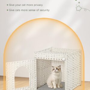 SETVSON Cat Litter Box Enclosure Cat Litter Box Furniture Hidden with Cat Litter Mat, Cat Litter Box Furniture with Two S-Shaped Hooks, Handwoven Rattan Cat House for Living Room, Bedroom, (White