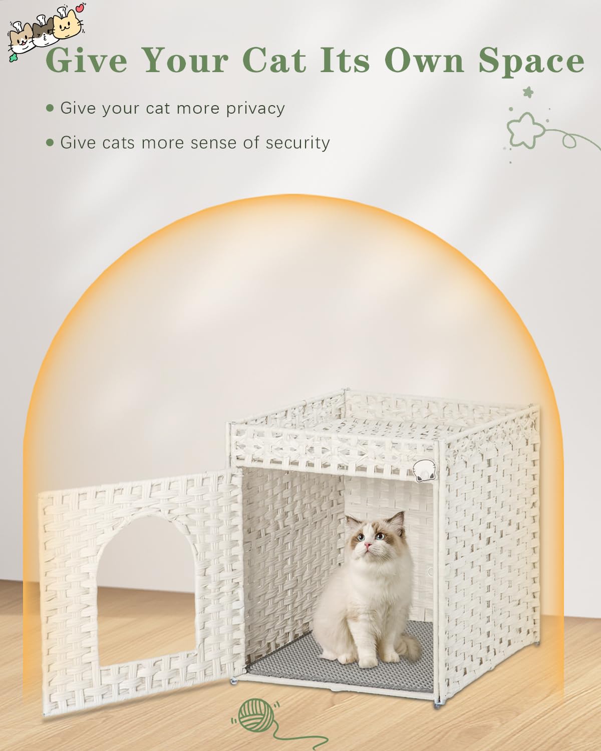 SETVSON Cat Litter Box Enclosure Cat Litter Box Furniture Hidden with Cat Litter Mat, Cat Litter Box Furniture with Two S-Shaped Hooks, Handwoven Rattan Cat House for Living Room, Bedroom, (White