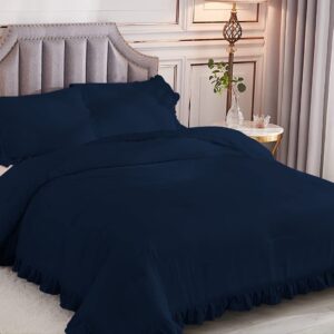 Privilege Bedding Luxurious Edge Ruffle Duvet Cover with Pillowshams 3 Piece Sets 100% Egyptian Cotton 500 TC Queen (90''x90'') Solid Navy Blue