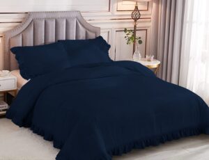 privilege bedding luxurious edge ruffle duvet cover with pillowshams 3 piece sets 100% egyptian cotton 500 tc queen (90''x90'') solid navy blue