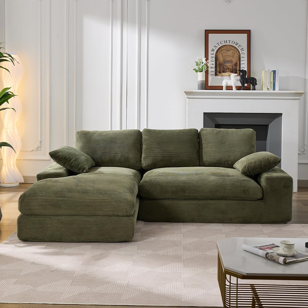 JURMALYN 98" Sectional Sofa Cloud Couch for Living Room Comfy Sectional Couch L-Shaped Sofa 3 Seat Foam Couch with Left Chaise Lounge, Deep Seat Sofa for Home Office, No Assembly, Green