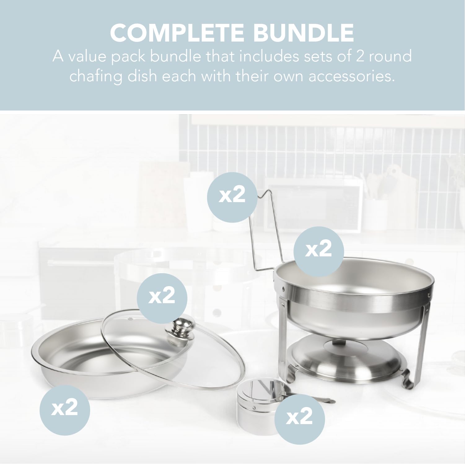 ALPHA LIVING 70012-R Dish Set of 2 – Complete Stainless Steel Chaffe Set with Glass Lids, Chafing Fuel Holder – Elegant and Practical Warmer Trays for Buffet, Wedding, Catering Supplies