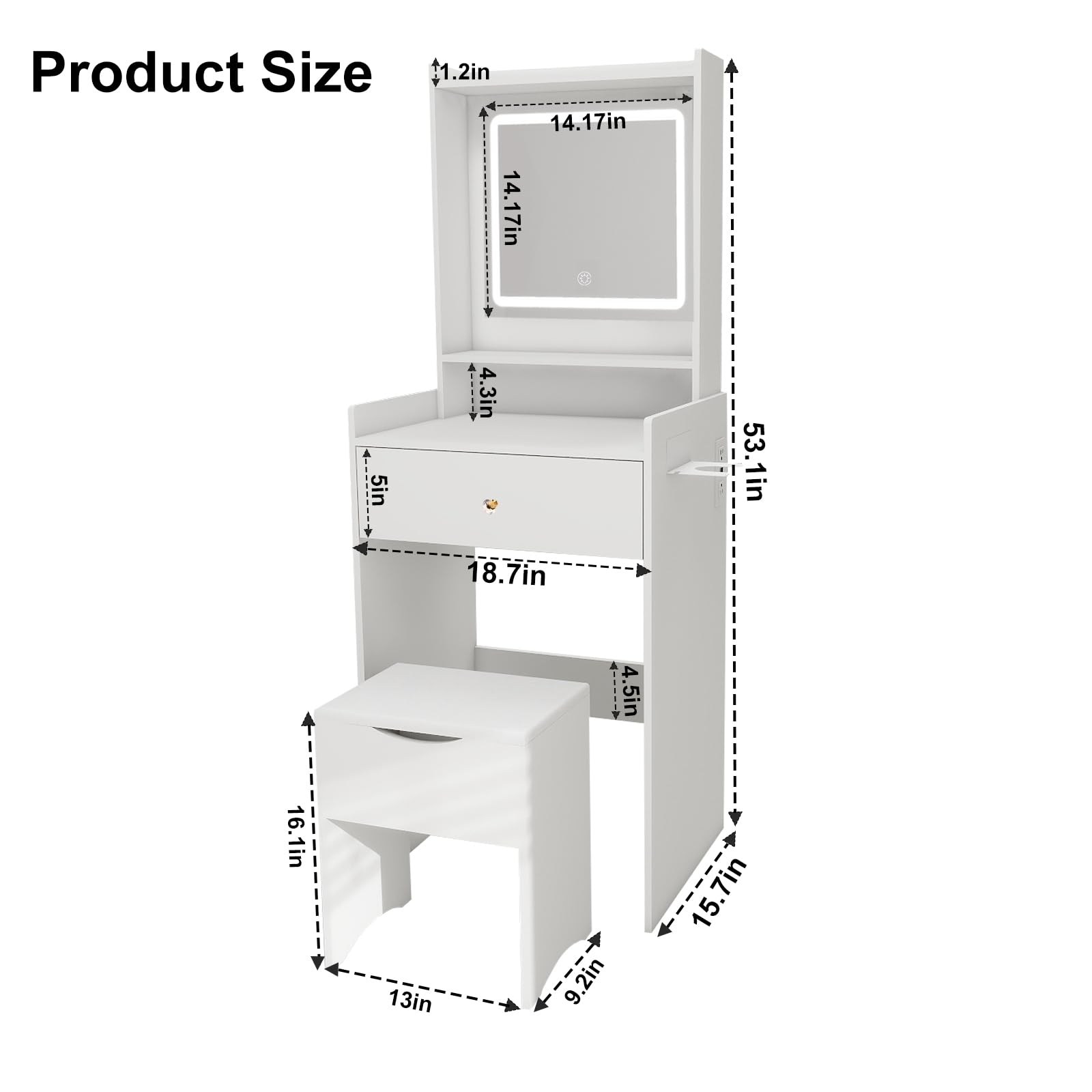 Hestiasko Small Vanity Desk with Mirror and Lights, 3 Lighting Modes Small Vanity with Chair and Outlet, Vanity Set for Bedroom, Vanity Small Place with Drawer Organizer Set, White