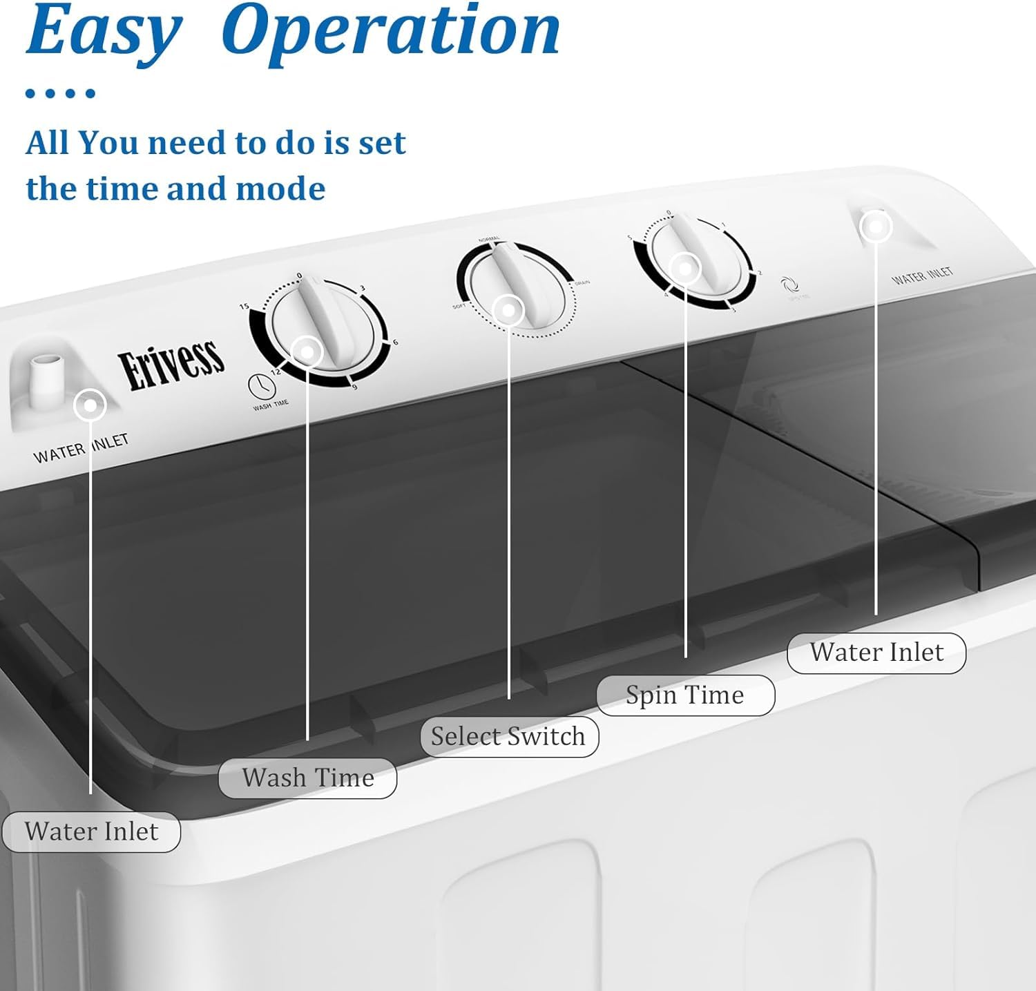 Erivess Compact Mini Twin Tub 32 lbs Washing Machine with Drying Rack& 10 Hangers, 20 lbs Washer Mini Compact Laundry Machine and 12 lbs Spinner, Convenient and Efficient for Dorms, Apartment