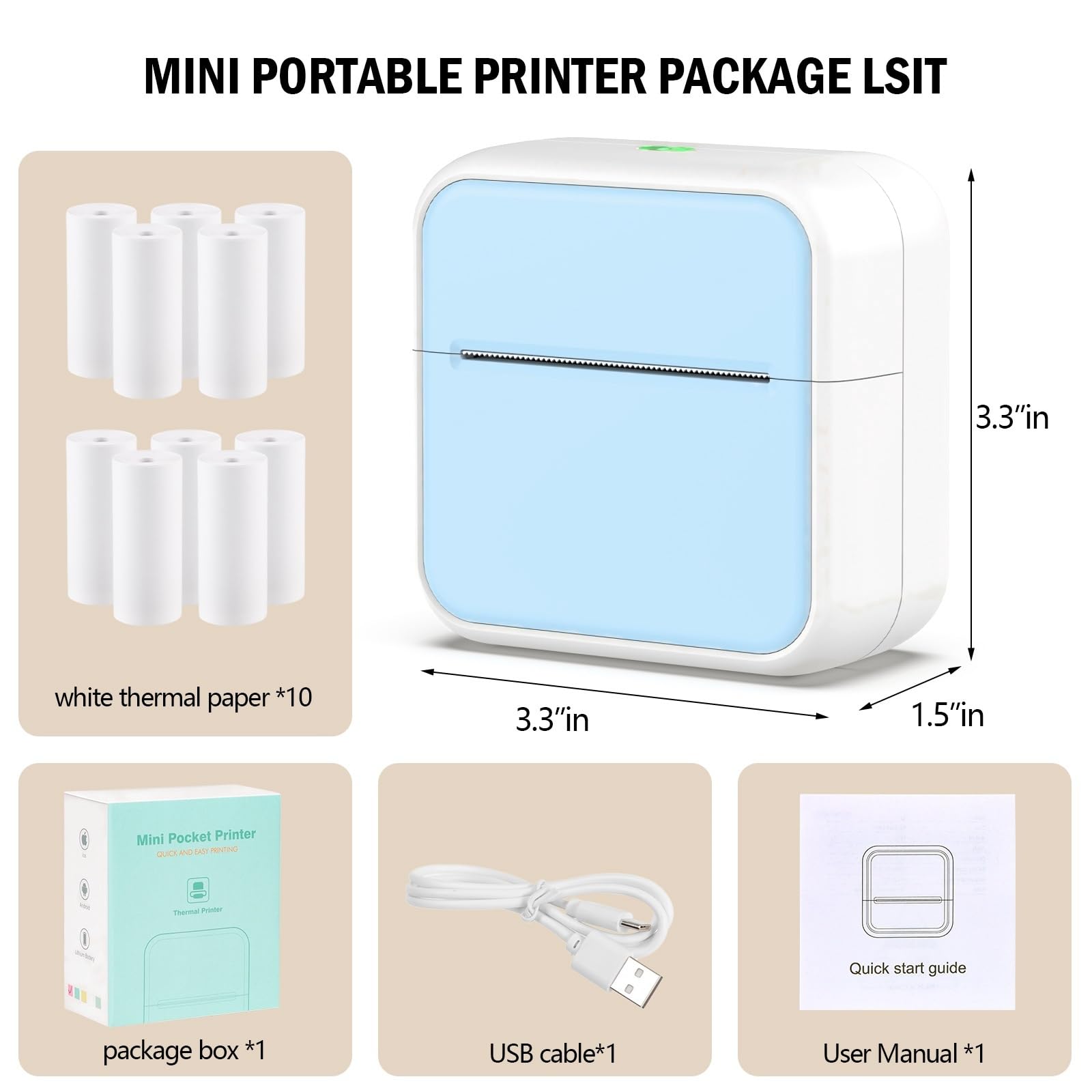 HUIJUTCHEN Mini Pocket Printer for iPhone/Android, Portable Mini Thermal Printer with 10 Rolls Non-Sticky Thermal Papers, Blue-Tooth Thermal Mini Printer for Journal Memo Notes Photo Study, Blue