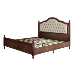 VanAcc Solid Wood King Bed Frame, Platform Bed with Upholstered Headboard, Luxury Beds with Wood Slat Support, Walnut