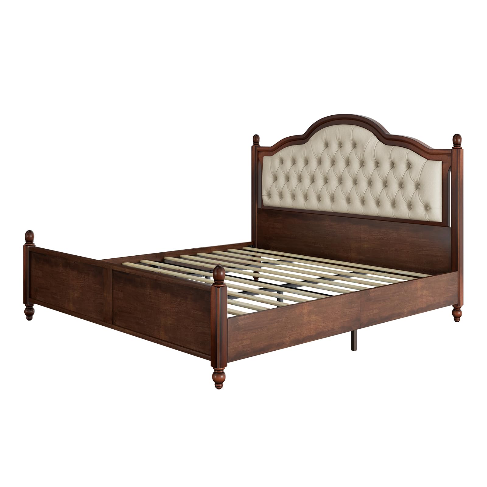 VanAcc Solid Wood King Bed Frame, Platform Bed with Upholstered Headboard, Luxury Beds with Wood Slat Support, Walnut