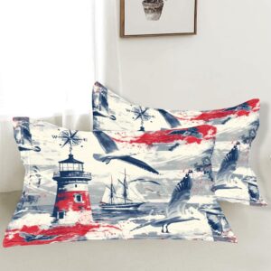 Nautical Dreams Duvet Cover Queen Size 3D Printed Duvet Cover Set Lighthouse Sailboat Seagull Voyage Exploration Bedding Set Home Decoration Comforter Cover Cozy Quilt Cover with 2 Pillowcases