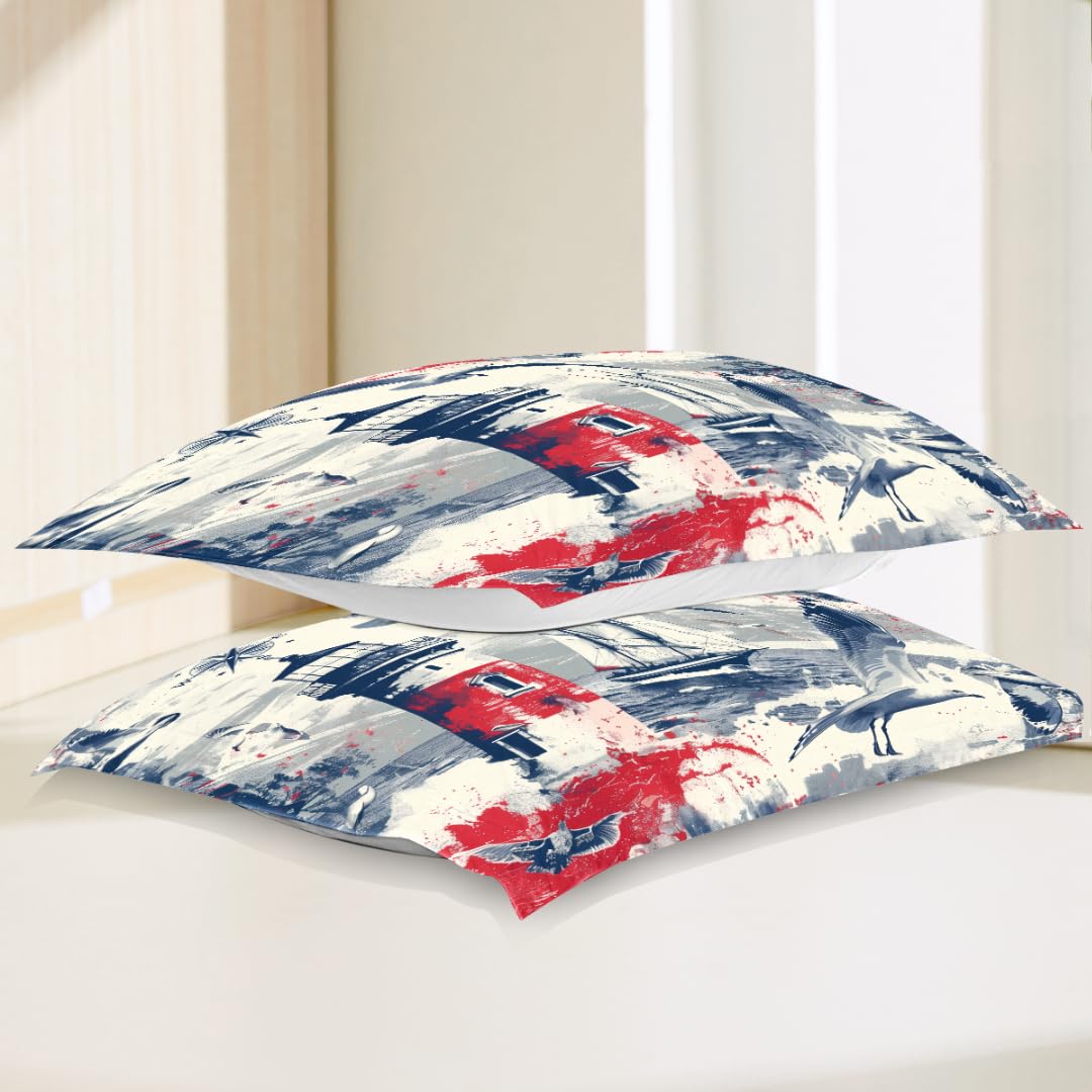 Nautical Dreams Duvet Cover Queen Size 3D Printed Duvet Cover Set Lighthouse Sailboat Seagull Voyage Exploration Bedding Set Home Decoration Comforter Cover Cozy Quilt Cover with 2 Pillowcases