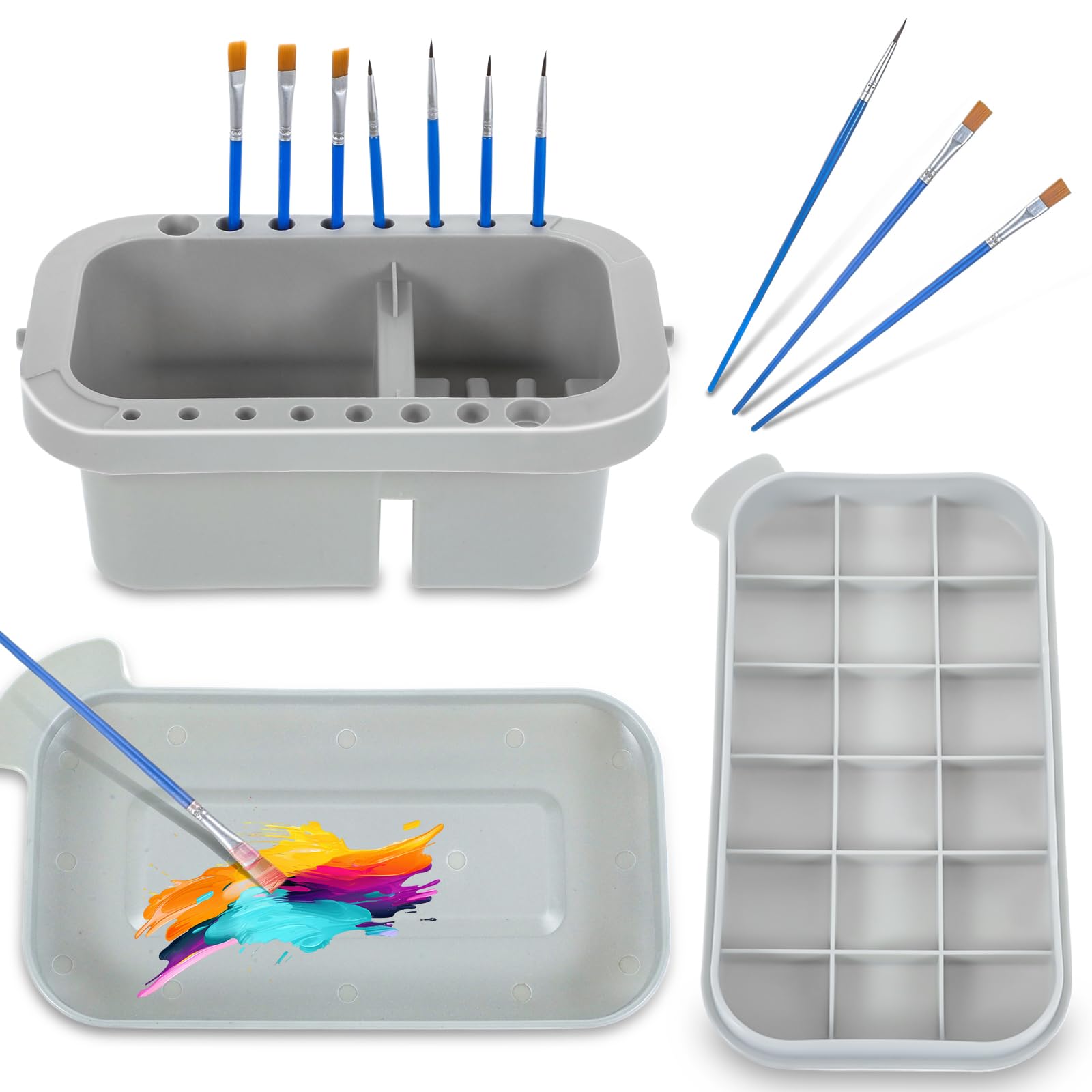 Lemecima Paint Brush Cleaner Washer, Multifunction Painting Brush Basin Holder and Organizer with Tray Palette Lid & 10 Painting Brush for Acrylic, Watercolor, Oil, Gouache Painting