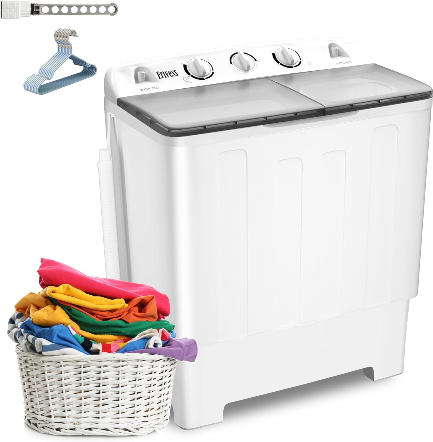 Erivess Compact Mini Twin Tub 32 lbs Washing Machine with Drying Rack& 10 Hangers, 20 lbs Washer Mini Compact Laundry Machine and 12 lbs Spinner, Convenient and Efficient for Dorms, Apartment