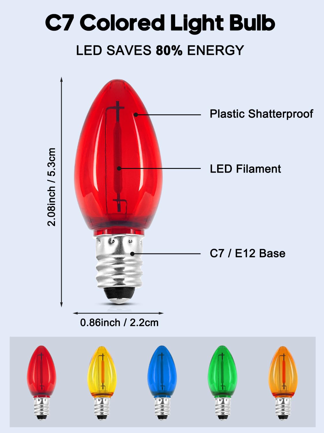 We Charger C7 Colored Light Bulbs, Led Night Light Bulbs Multicolor 25 Pack Outdoor Indoor String Light Replacement, E12 Candelabra Base Bulbs Shatterproof 0.6 Watt