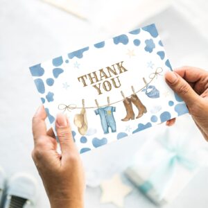 Whaline 24 Pack Cowboy Thank You Card Blue Cow Print Greeting Card with Envelope Sticker Cow Spot Blank Note Card for Baby Shower Party Invitation Supplies, 4 x 6 Inch