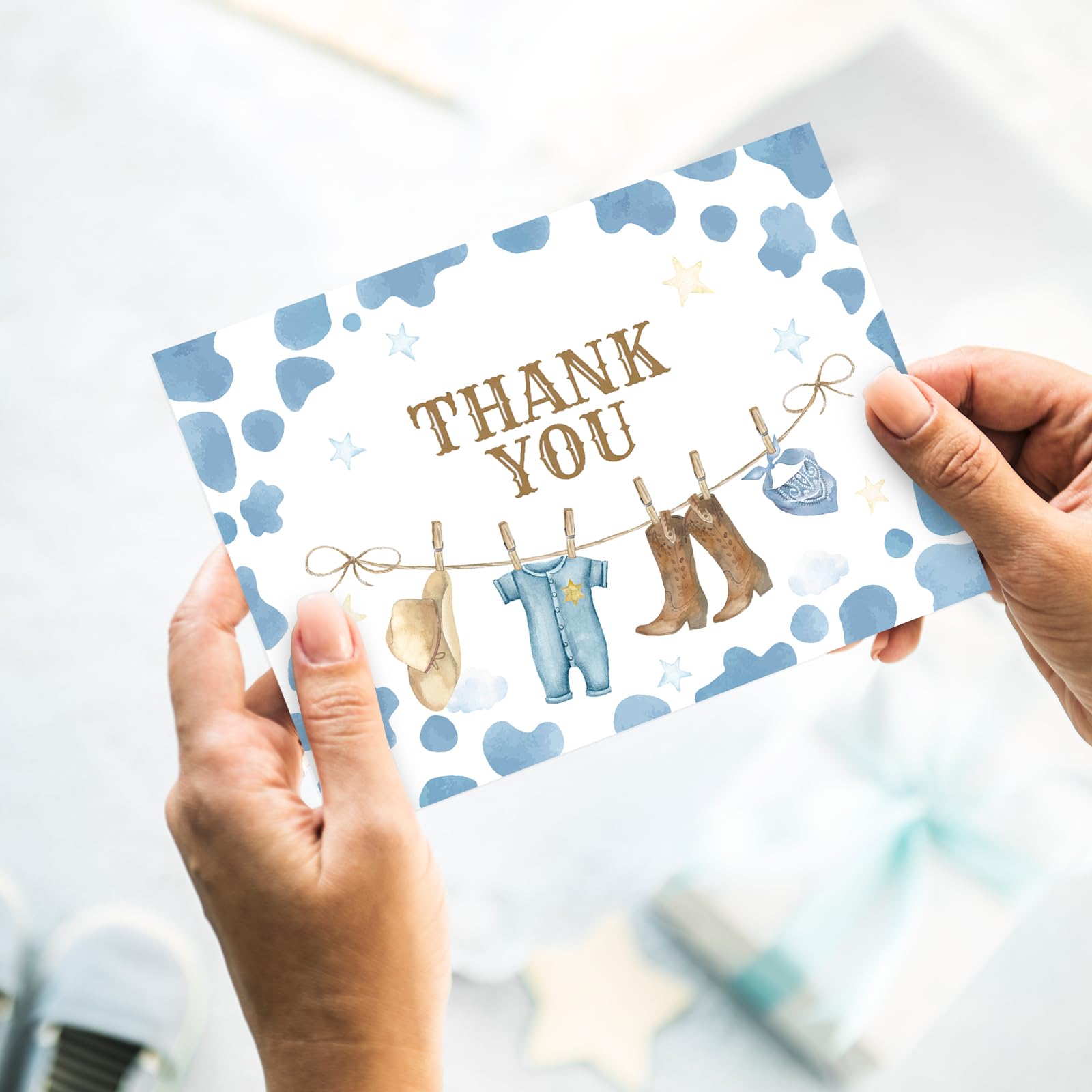 Whaline 24 Pack Cowboy Thank You Card Blue Cow Print Greeting Card with Envelope Sticker Cow Spot Blank Note Card for Baby Shower Party Invitation Supplies, 4 x 6 Inch