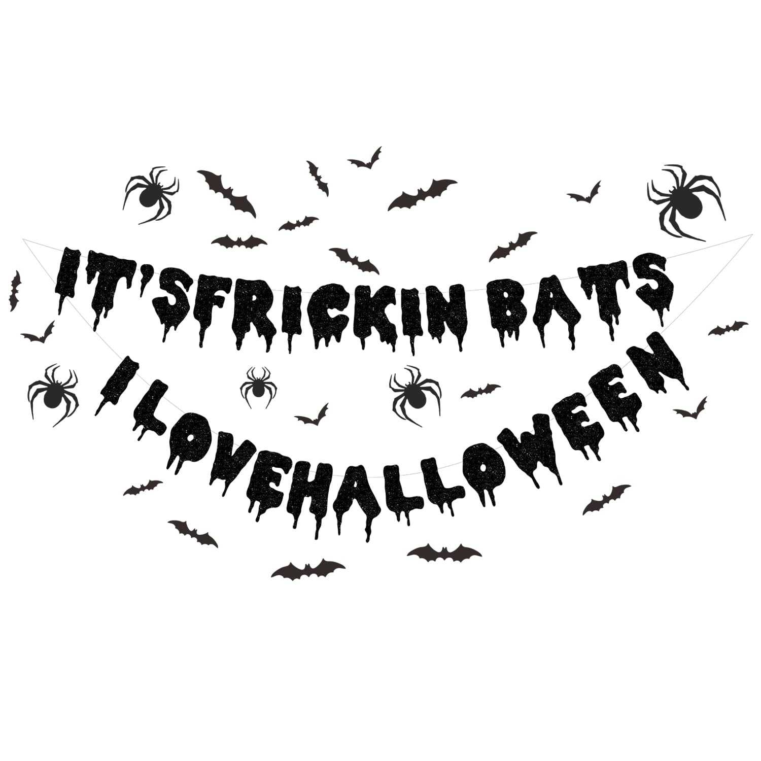 It's Frickin Bats I Love Halloween Banner Black Glitter with 3D Bats Sticker and Glitter Spider Stickers for Halloween Decor Halloween Theme Party Decorations Supplies Kit