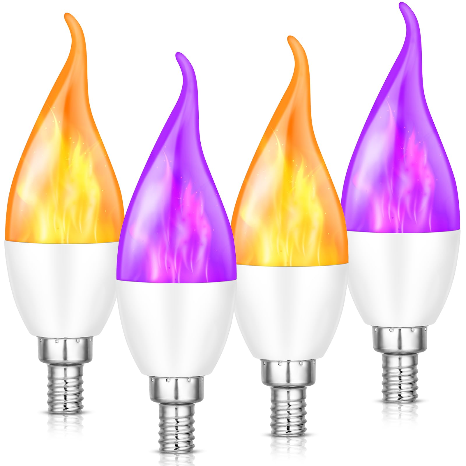 VIHOSE 4 Pcs E12 LED Flame Light Bulbs 3 Mode Flickering Fire Light Bulb E12 Candelabra Chandelier Base Candle Flame Lamp Halloween Christmas Party Porch Indoor Outdoor, 1.2 W, 1800 K(Purple, Orange)