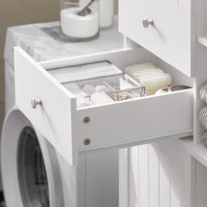 SoBuy Tall Laundry Cabinet Freestanding Storage Cabinet with Removable Basket, Narrow Storage Cabinet with Compartments and Drawers, Suitable for Bathroom, Laundry Room, White BZR104-W