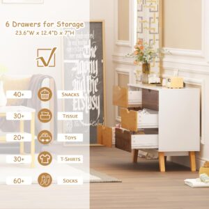 KOZIDO 47 Inch 6 Drawer Wood Dresser, Modern Double Dresser, Wooden Storage Cabinet for Bedroom, Living Room, Hallway, Entryway - Caramel & Walnut & White