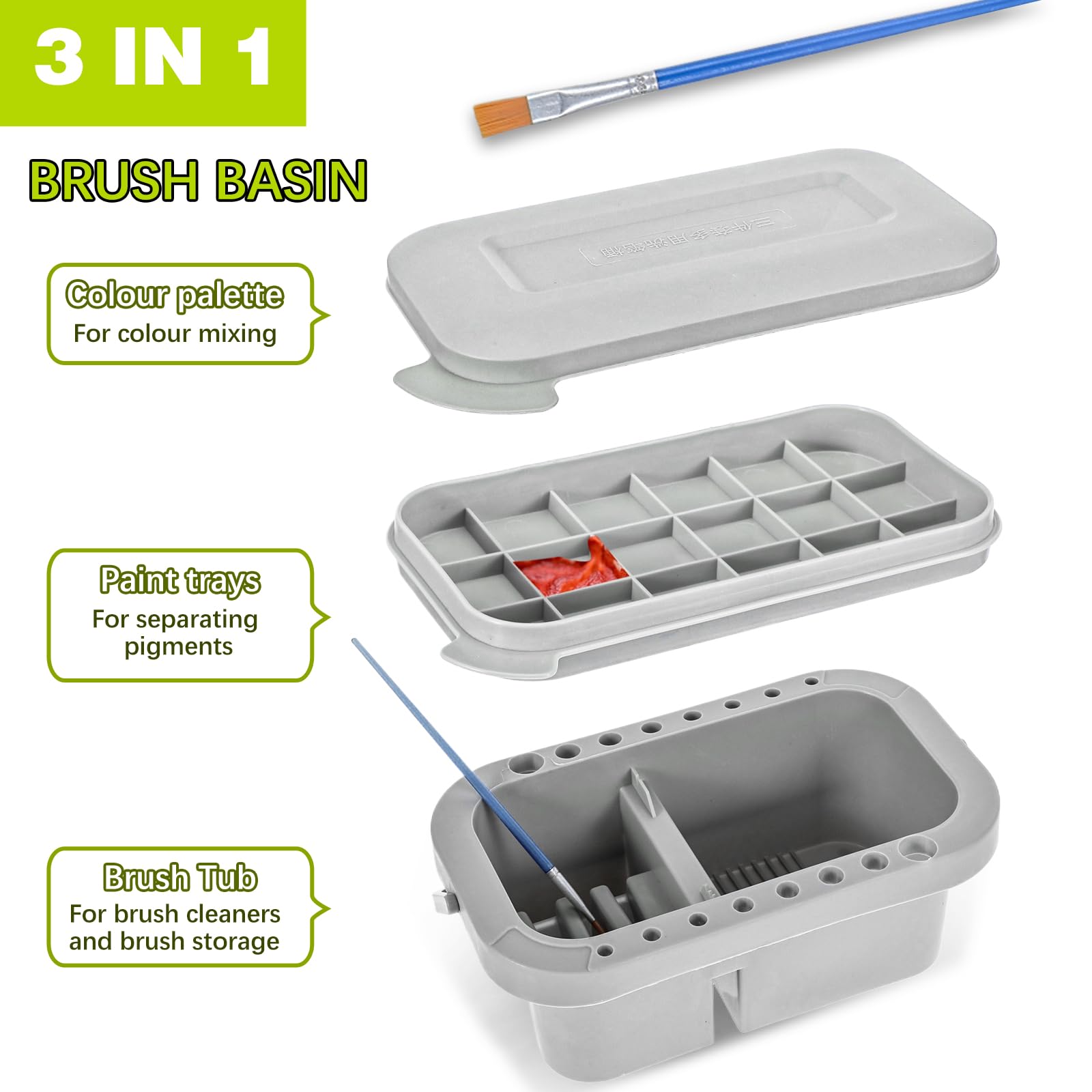 Lemecima Paint Brush Cleaner Washer, Multifunction Painting Brush Basin Holder and Organizer with Tray Palette Lid & 10 Painting Brush for Acrylic, Watercolor, Oil, Gouache Painting