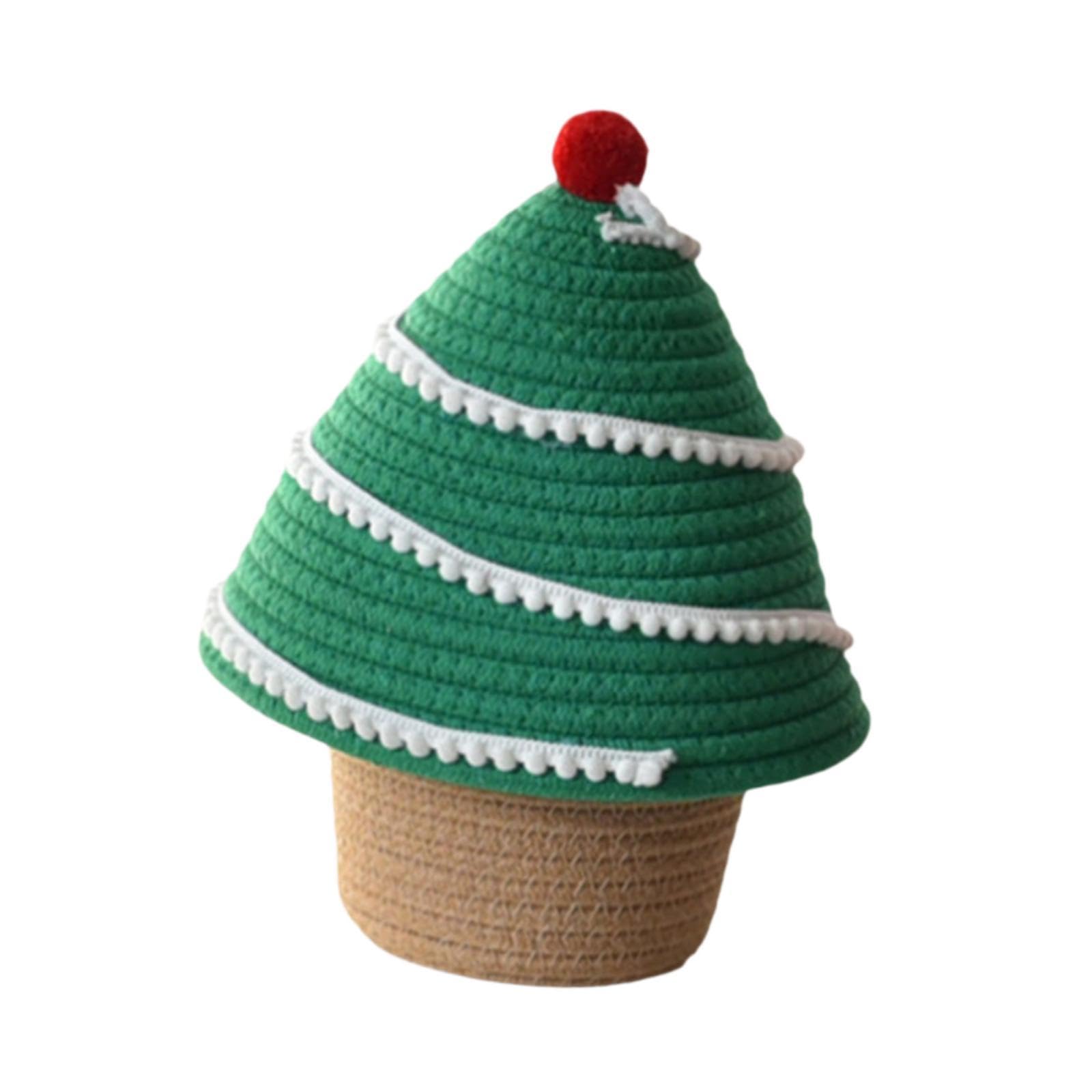 Storage Basket with Lid, Small Rope Basket with Lid, Christmas Tree Design Cotton Rope Woven for Bedroom, Desktop, Bedside, Green