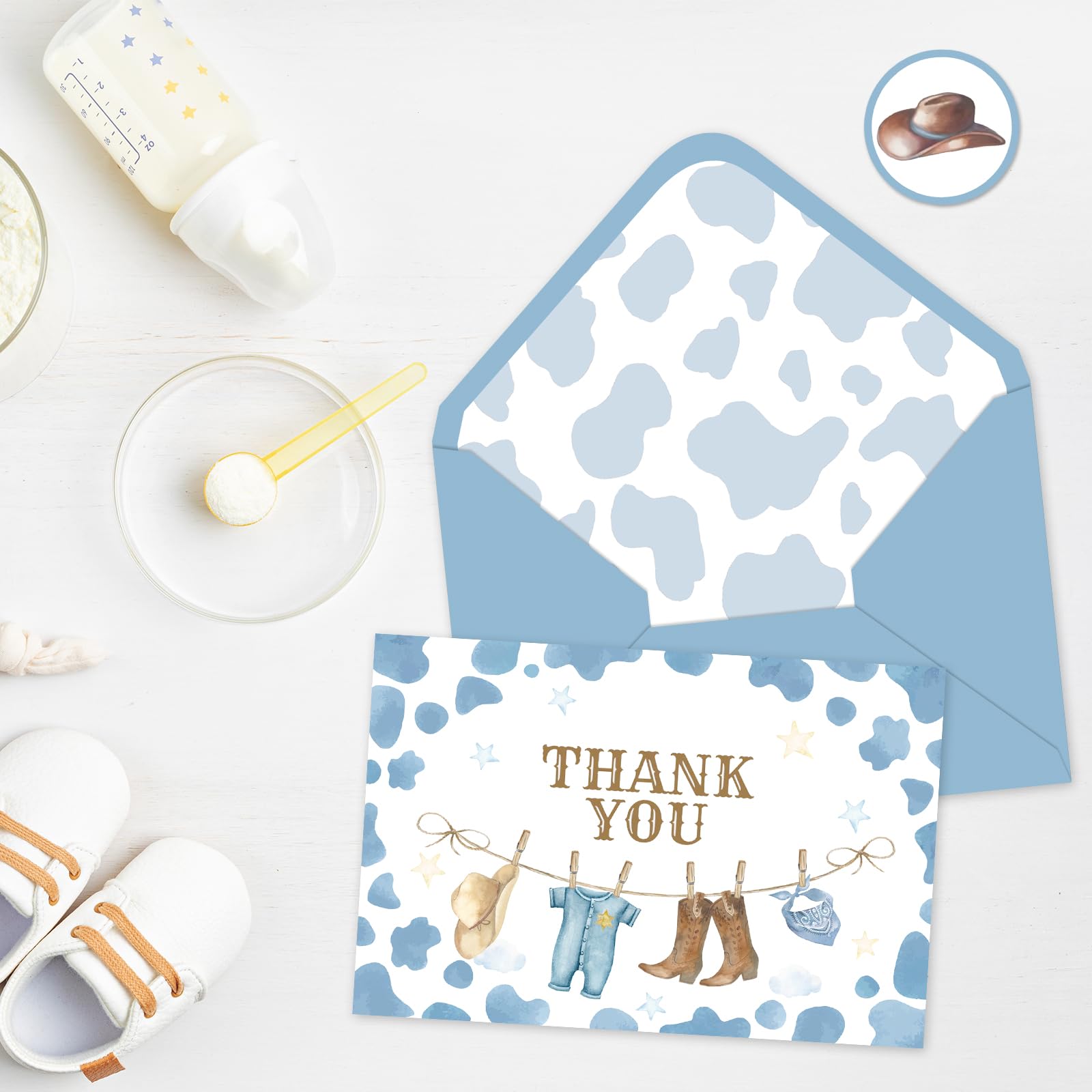 Whaline 24 Pack Cowboy Thank You Card Blue Cow Print Greeting Card with Envelope Sticker Cow Spot Blank Note Card for Baby Shower Party Invitation Supplies, 4 x 6 Inch