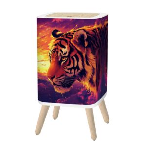 hgsschrek small trash can with lid exaggerated tiger features expressive eyes bold colors 2.6 gallon/10l garbage can waste bin with pop-up lid wood legs wastebasket for bathroom kitchen bedroom