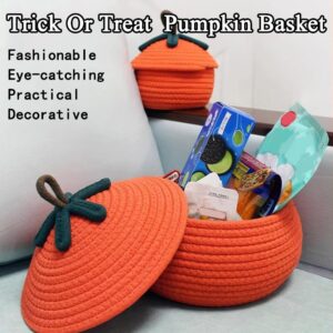 Halloween Pumpkin Basket With Lid, Halloween Pumpkin Candy Bucket, Trick Or Treat Pumpkin Woven Storage Bin, Large Capacity Woven Rope Basket For Store Toys, Candys, Snacks, Home Decor (Orange-L)