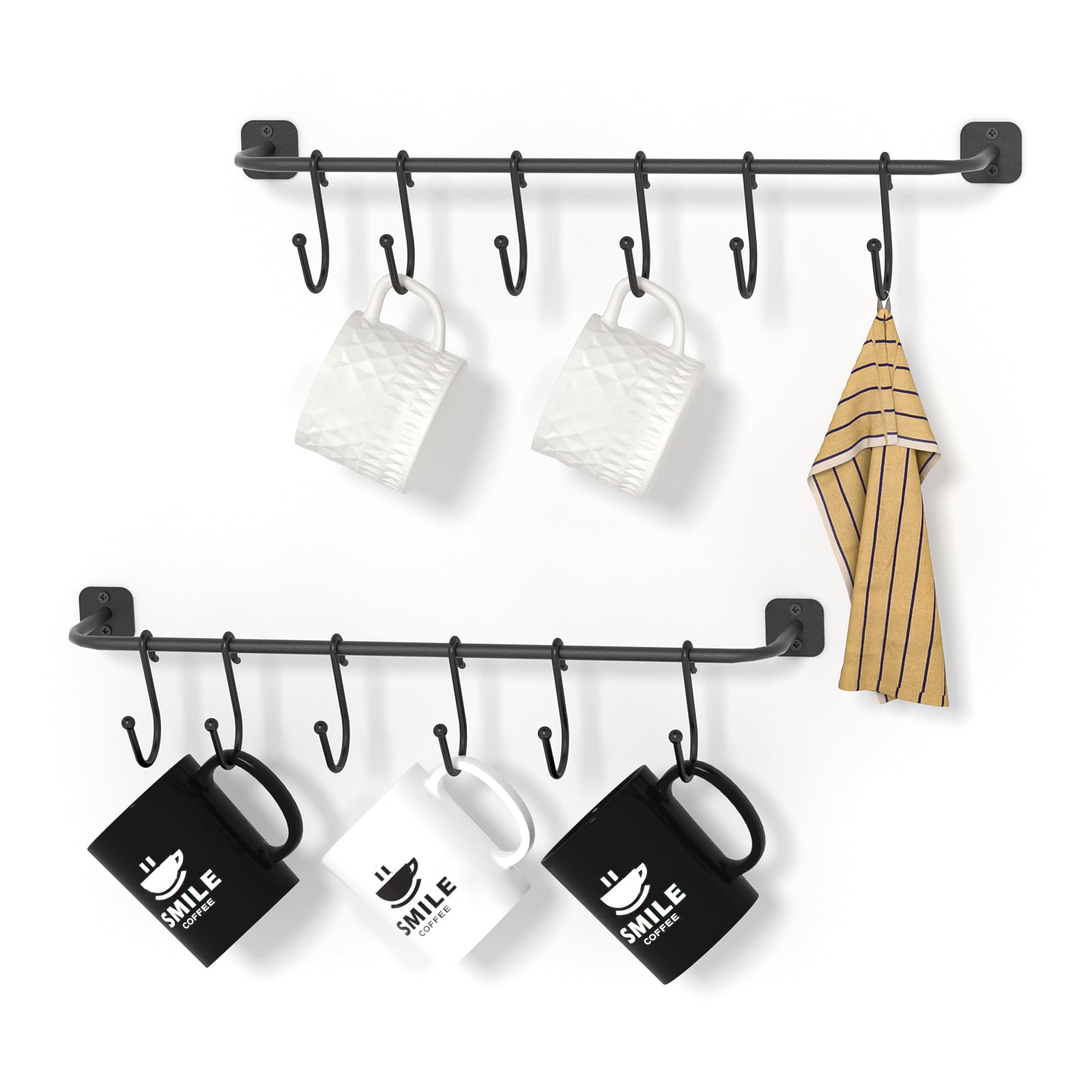 Coffee Cup Holder with 12 Mug Hooks, Mug Racks Wall Mounted 2 Pack, Coffee Mug Organizer Floating, Mug Shelf for Wall, Coffee Cup Display Hanger Pods Holder, Coffee Bar Accessories for Kitchen Black