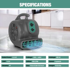 VORBO Air Mover, 1/4 HP 950 CFM, Carpet Dryer with Timer,3-Speed, Built-in Power Outlet, Floor Blower Fan for Carpet Drying, Home, Hotel, Shop