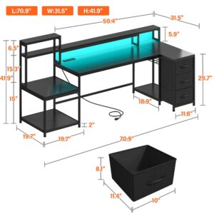 EnHomee 70.9" L Shaped Gaming Desk with Drawers Reversible L Shaped Computer Desk with Power Outlet & LED Lights Home Office Desk with Storage Shelves and Monitor Stand Corner Desk, Black Carbon Fiber