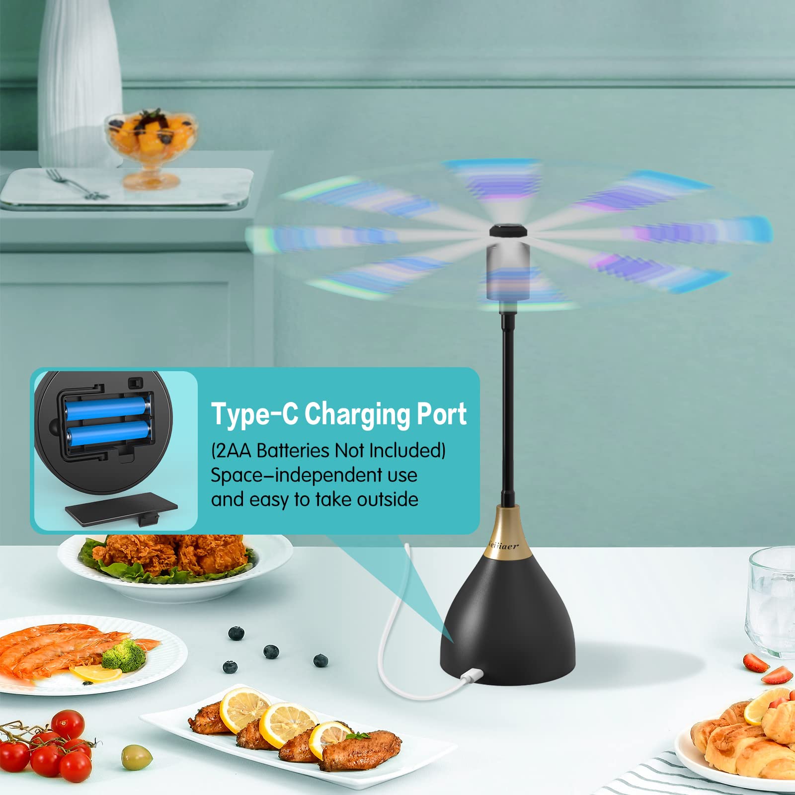 Neijiaer Fly Fans for Tables 2024 Upgraded, Practical Fly Repellent Fan with Soft Blades, USB or Batteries Powered, Soundless and Portable Fly Fan Keeps Your Food Clean