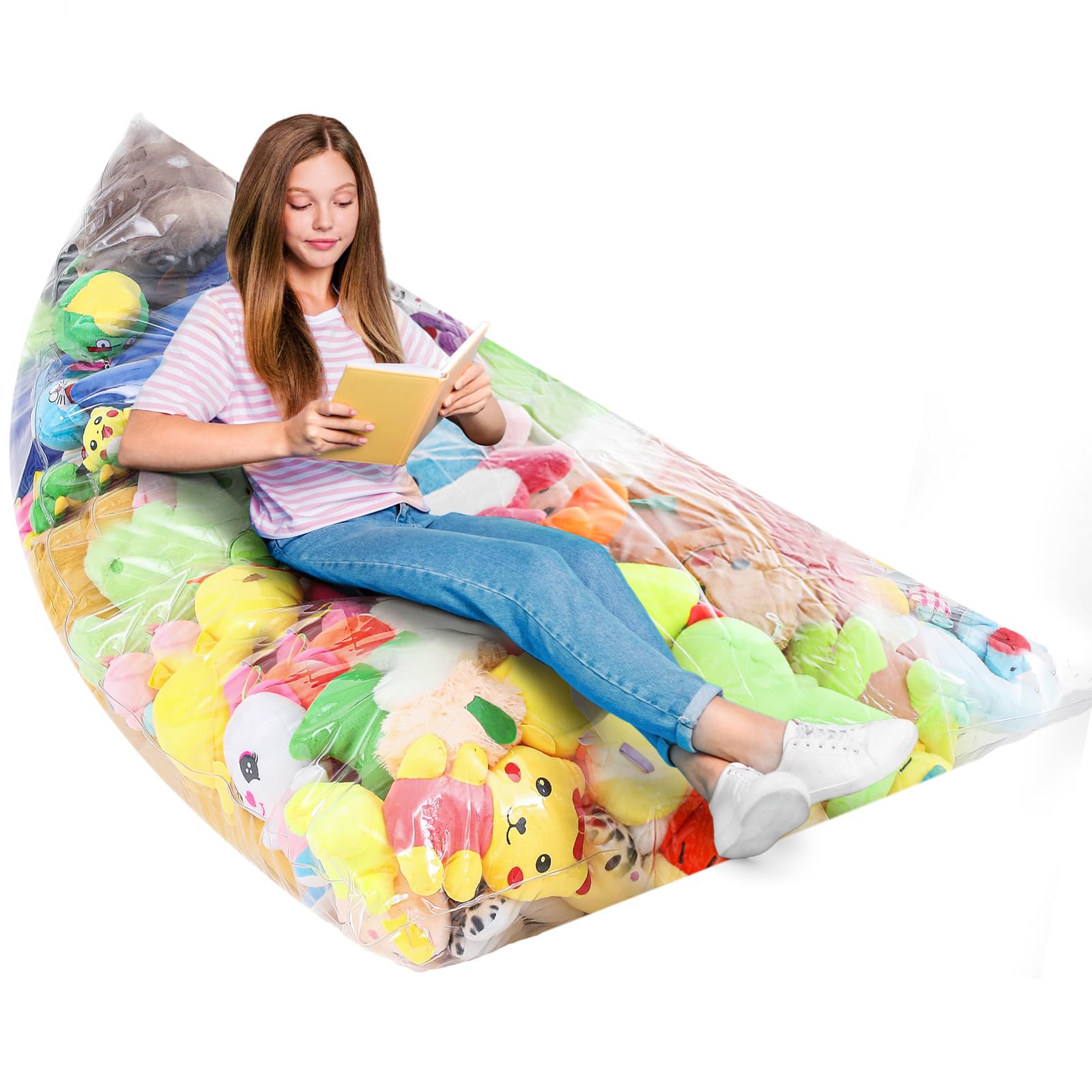 DoubleFill Clear Stuffed Animal Bean Bag Chair Sofa Cover for Kids Creative Waterproof PVC Soft Plush Toys Storage 50 x 35 x 30 inches Large Transparent Organizer for Toddler Children Rooms Cover Only