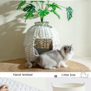 SETVSON Cat Litter Box Plant Furniture Hidden Cat Litter Box with Artificial Plants, Handwoven Rattan Cat Litter Box Enclosure with Cat Litter Box, Enclosed Plant Cat Litter Box in Living Room (White)