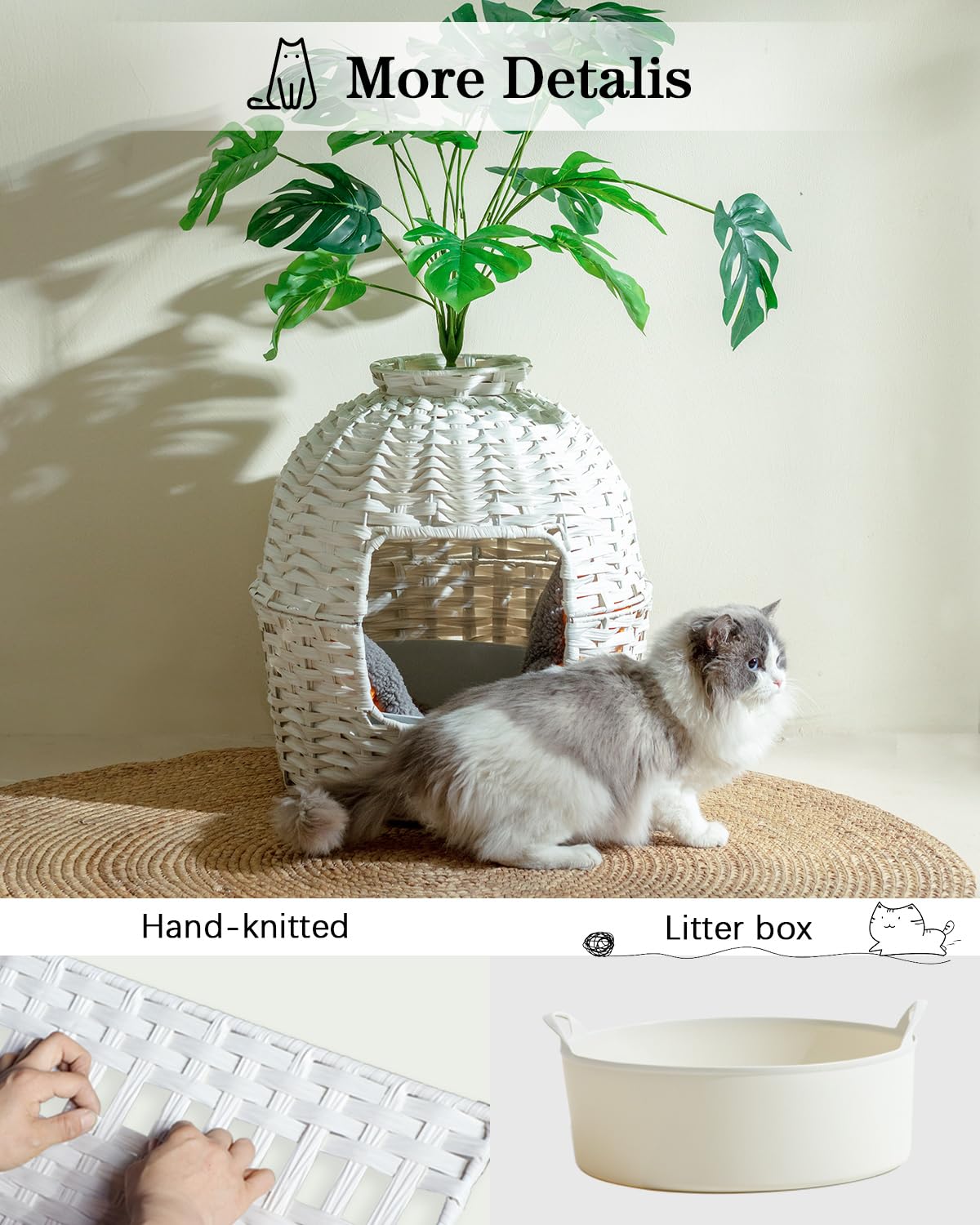 SETVSON Cat Litter Box Plant Furniture Hidden Cat Litter Box with Artificial Plants, Handwoven Rattan Cat Litter Box Enclosure with Cat Litter Box, Enclosed Plant Cat Litter Box in Living Room (White)