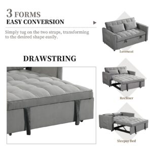 ZKJOLMN 3 in 1 Convertible Pull Out Couch Bed, Velvet Sleeper Sofa Couch with Pull Out Bed, Loveseat Sleeper with Adjustable Backrest, Pull Out Sofa Bed Sleeper for Living Room (Grey)