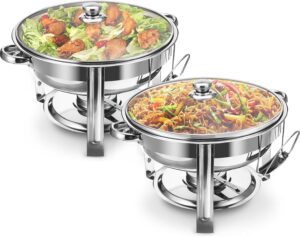 alpha living 70012-r dish set of 2 – complete stainless steel chaffe set with glass lids, chafing fuel holder – elegant and practical warmer trays for buffet, wedding, catering supplies