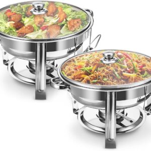 ALPHA LIVING 70012-R Dish Set of 2 – Complete Stainless Steel Chaffe Set with Glass Lids, Chafing Fuel Holder – Elegant and Practical Warmer Trays for Buffet, Wedding, Catering Supplies