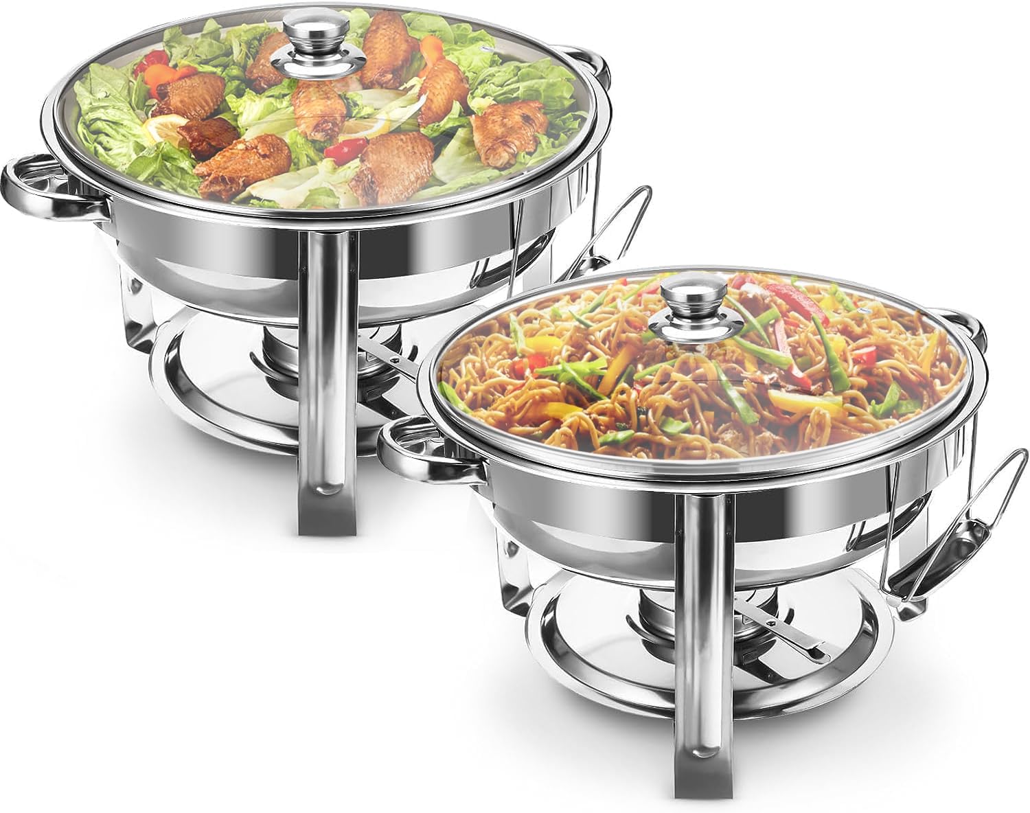 ALPHA LIVING 70012-R Dish Set of 2 – Complete Stainless Steel Chaffe Set with Glass Lids, Chafing Fuel Holder – Elegant and Practical Warmer Trays for Buffet, Wedding, Catering Supplies