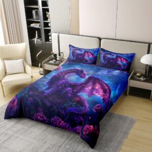 Erosebridal 100% Cotton 3D Dragon Duvet Cover Twin Size, Animals Starry Sky Printed Comforter Cover, Flowers Safari Bedroom Decor Bedding Set for Bed, Purple Blue Wildlife Kids Boys Quilt Cover