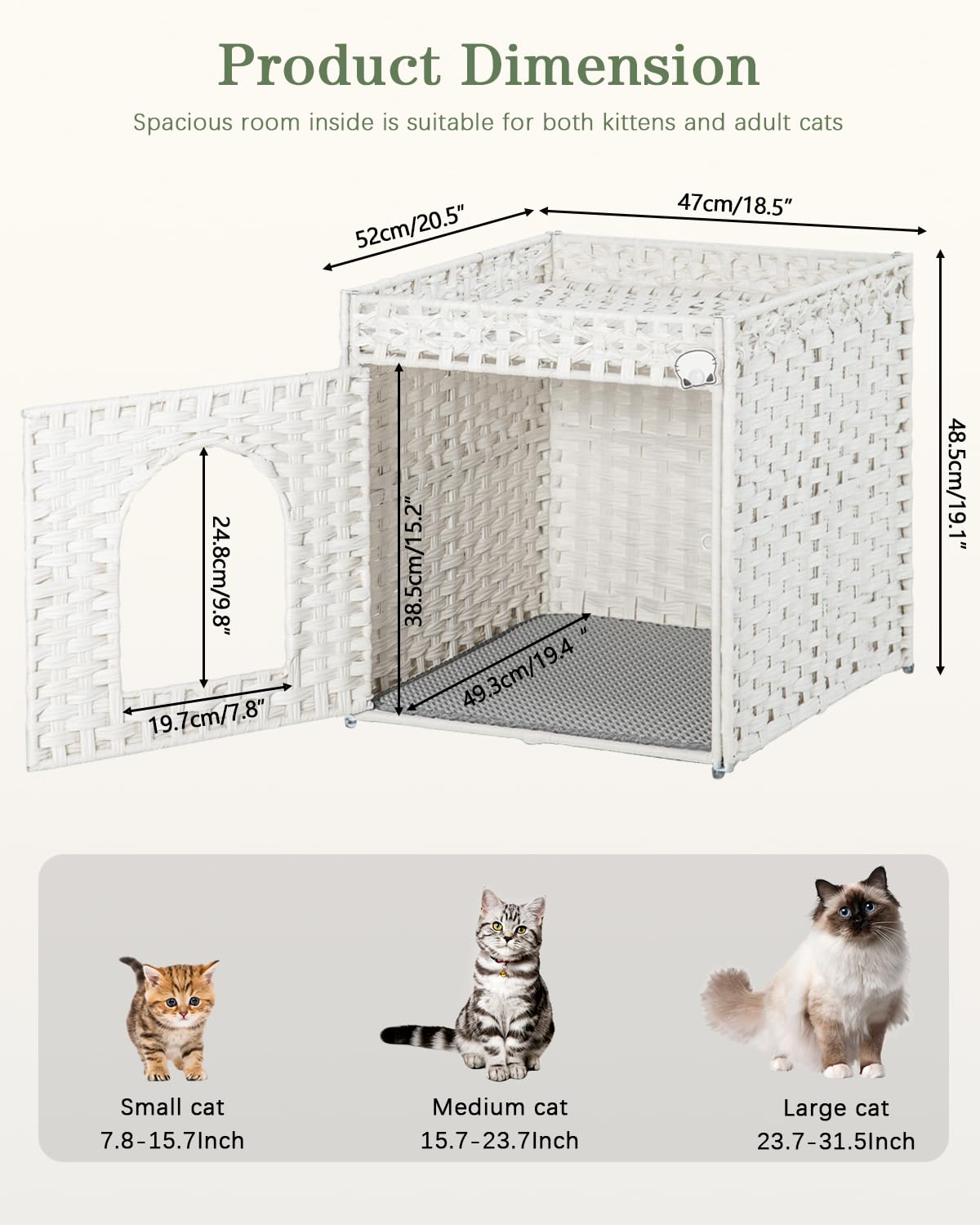 SETVSON Cat Litter Box Enclosure Cat Litter Box Furniture Hidden with Cat Litter Mat, Cat Litter Box Furniture with Two S-Shaped Hooks, Handwoven Rattan Cat House for Living Room, Bedroom, (White