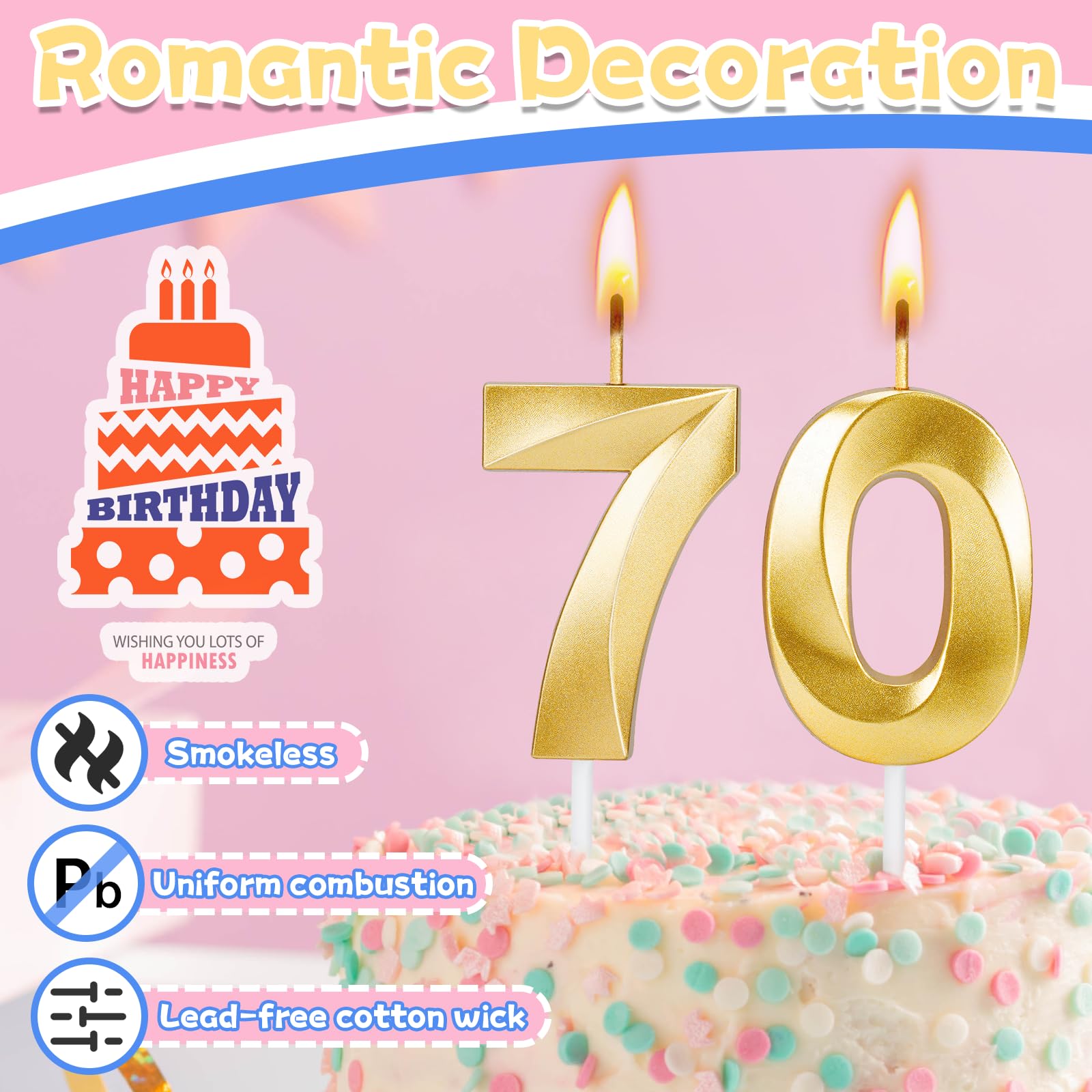 70th Birthday Candles for Cake,Gold Number Candles for Happy Birthday Cake Toppers,Birthday Decorations for Women Men Party Anniversary Wedding