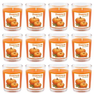 12 packs pumpkin scented votive candles in clear glass, natural soy wax orange colored fall harvest candles for halloween thanksgiving autumn holiday home party table decor stress relief spa