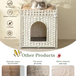 SETVSON Cat Litter Box Enclosure Cat Litter Box Furniture Hidden with Cat Litter Mat, Cat Litter Box Furniture with Two S-Shaped Hooks, Handwoven Rattan Cat House for Living Room, Bedroom, (White