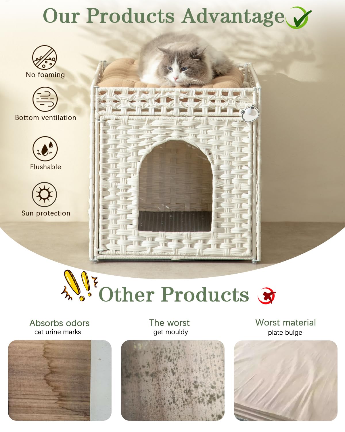 SETVSON Cat Litter Box Enclosure Cat Litter Box Furniture Hidden with Cat Litter Mat, Cat Litter Box Furniture with Two S-Shaped Hooks, Handwoven Rattan Cat House for Living Room, Bedroom, (White