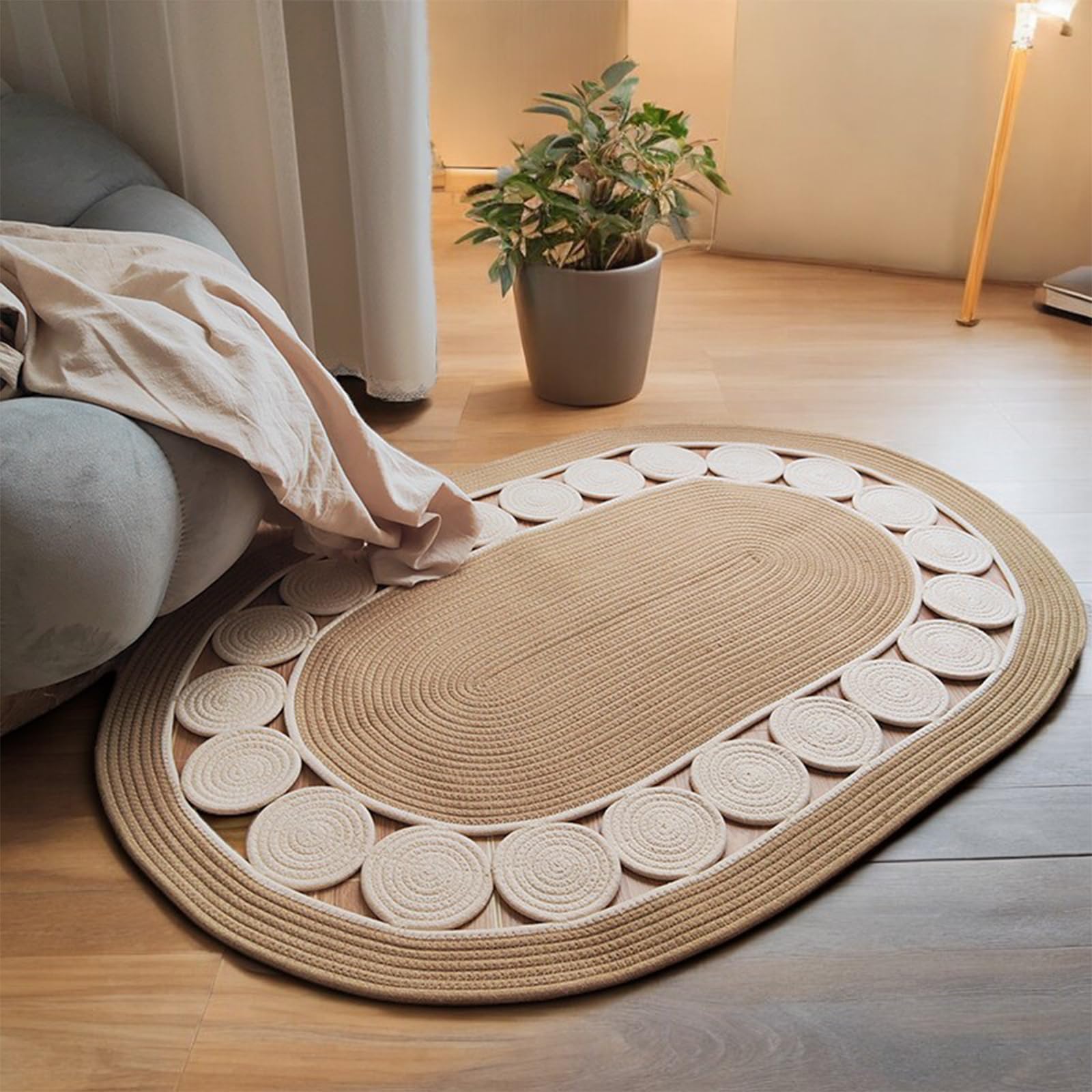 Lazy H Corner Washable Braided Rugs Jute Oval Rug: Quick Drying, Non-Slip & Machine Washable | for Home Decoration and Comfortable Living | Durable, Easy to Clean | Small Oval Bath Rug (Beige, 31x47)