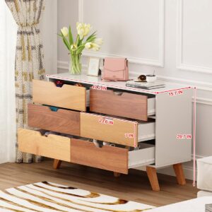 KOZIDO 47 Inch 6 Drawer Wood Dresser, Modern Double Dresser, Wooden Storage Cabinet for Bedroom, Living Room, Hallway, Entryway - Caramel & Walnut & White