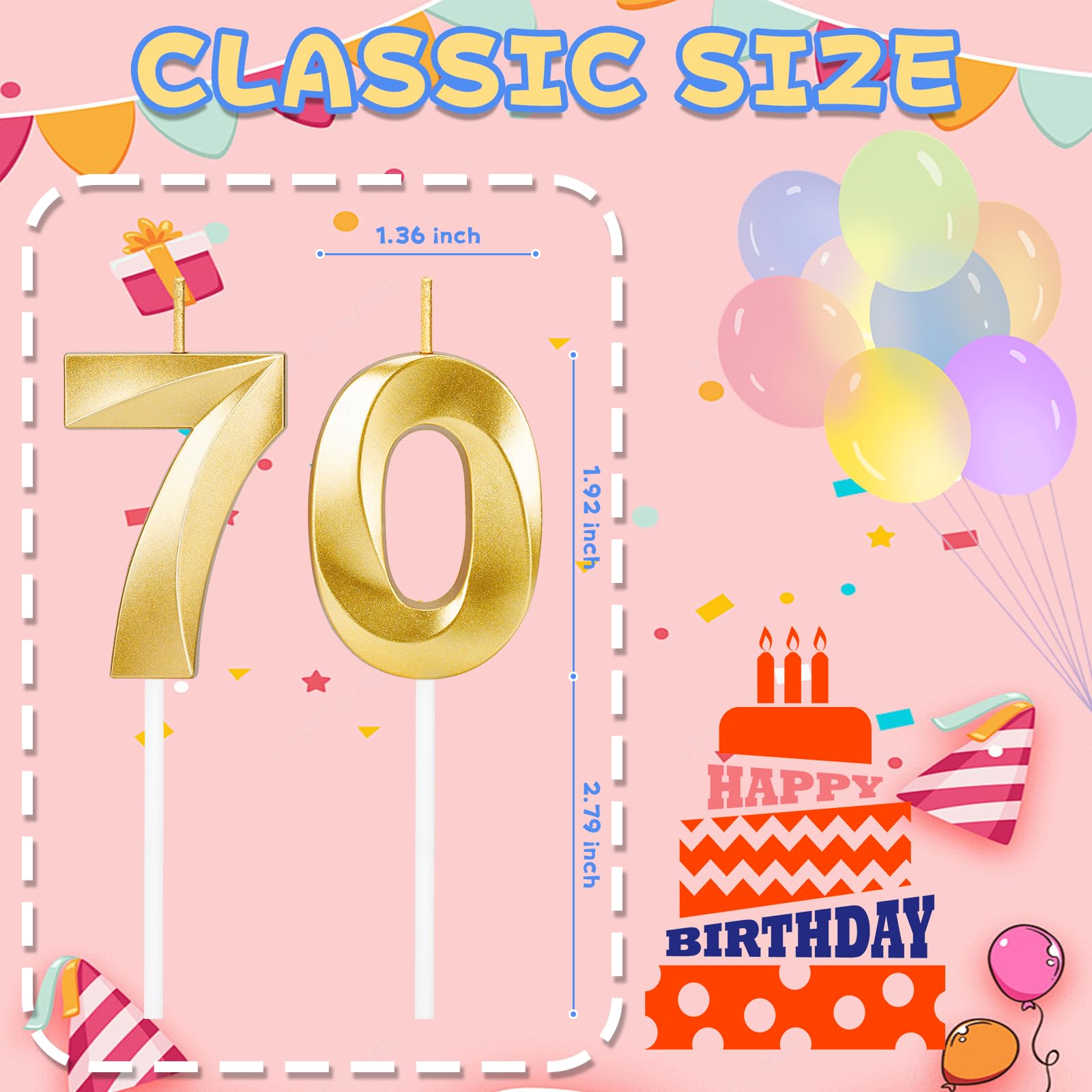 70th Birthday Candles for Cake,Gold Number Candles for Happy Birthday Cake Toppers,Birthday Decorations for Women Men Party Anniversary Wedding